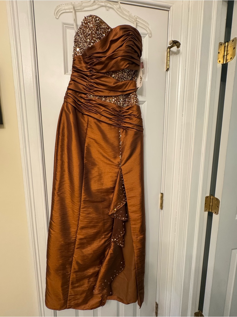 Copper Bronze Strapless Beaded Maxi Gown
